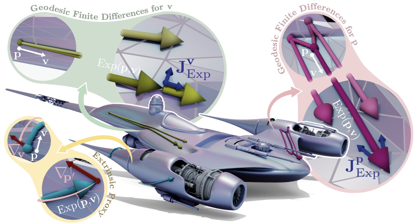 Parallelised Differentiable Straightest Geodesics for 3D Meshes