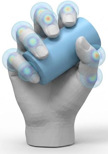 A hand grasping a cylinder with per-joint rotation distributions drawn around each joint